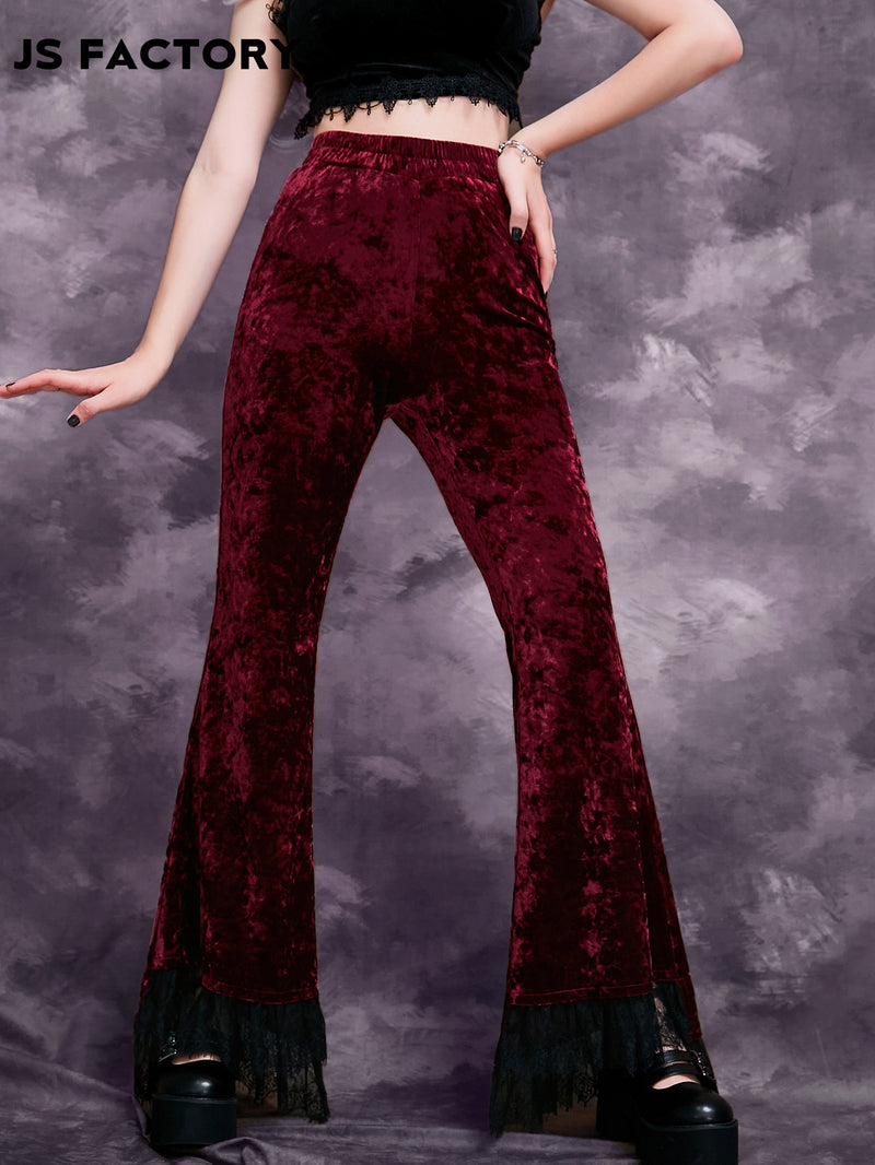 GothDark Lace Hem Velvet Flare Leg Pants