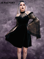 GothDark Lightweight Contrast Lace Split Sleeve Cold Shoulder Mesh Dress