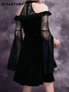 GothDark Lightweight Contrast Lace Split Sleeve Cold Shoulder Mesh Dress