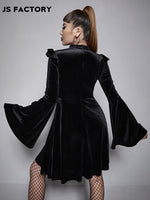 GothDark Solid Flounce Sleeve Velvet Dress